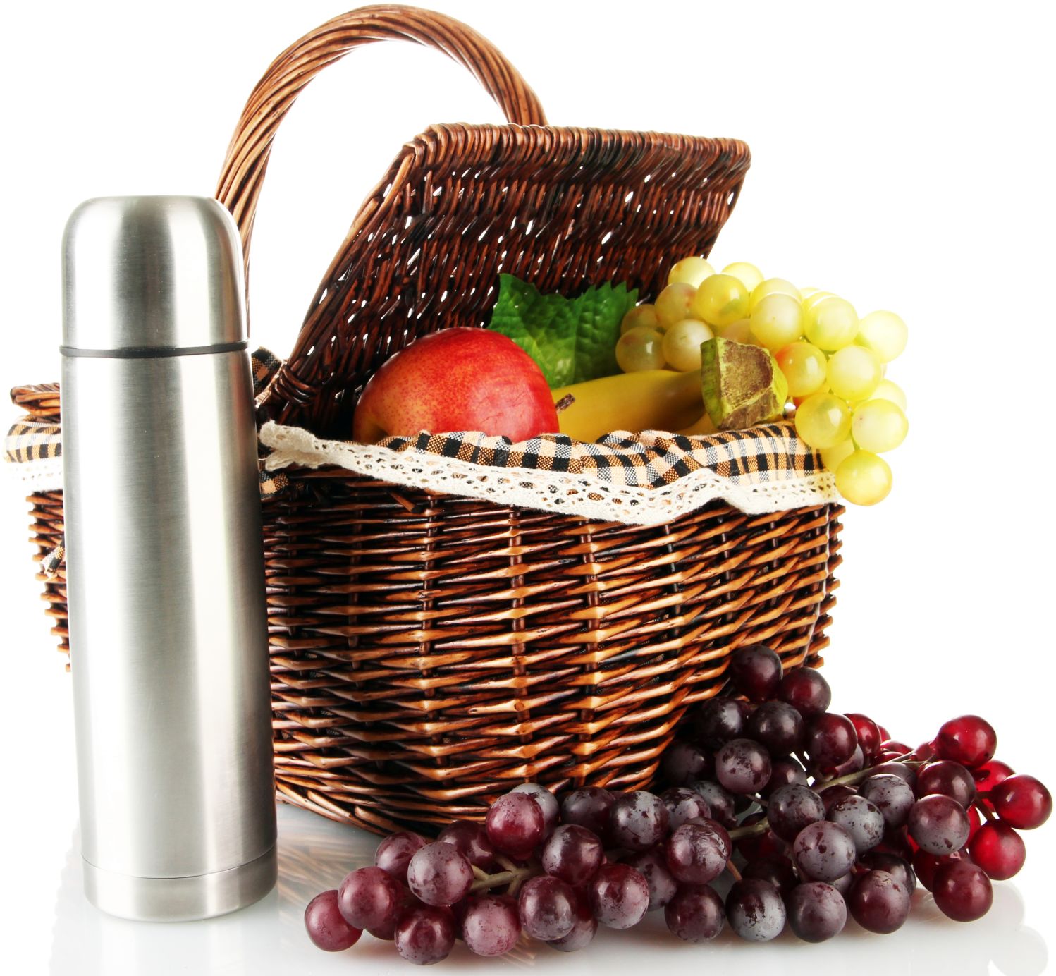 Picnic basket with fruit and thermos isolated on white